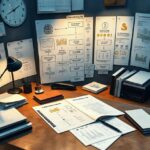 A simplified visual of a VAT compliance process: abstract flowcharts and financial symbols on a desk