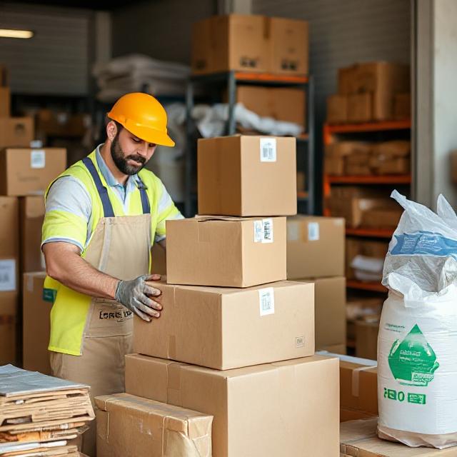 Eco-friendly packaging and sustainable shipping preparation at FLEX Logistique warehouse in France.