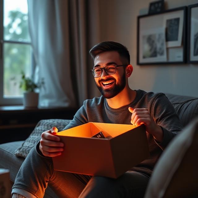 Customer happily unboxing a personalized product at home, showing excitement and satisfaction