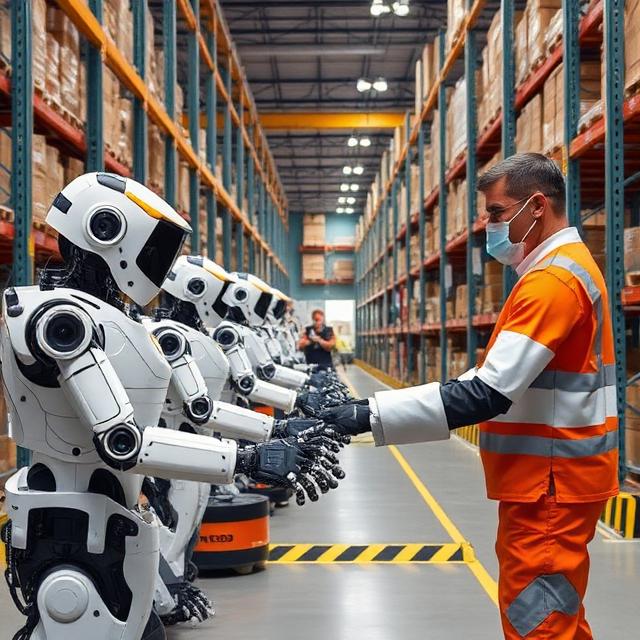Robots and humans working together safely in a warehouse, safety barriers, sensors visible, calm productive environment, emphasizing collaboration