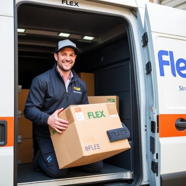 Smiling delivery driver loading packages from a FLEX van, showing speed and reliability of shipping services in France.