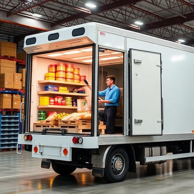 Professional refrigerated truck transporting perishable food, temperature-controlled, driver checking temperature, warehouse background, clean realistic style, bright lighting