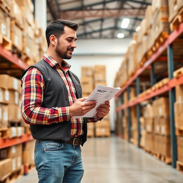 Quality assurance professional auditing warehouse, clipboard in hand, inspecting pallets, HACCP checklist visible, clean modern office and warehouse background