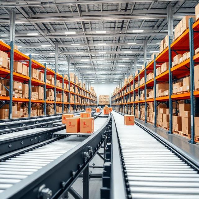 Smart warehouse with automated COD order processing, conveyor belts moving packages with euro symbols, futuristic style