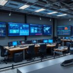 Large warehouse with tall racks, autonomous carts, cross-docking zones, and logistics staff working at high pace.