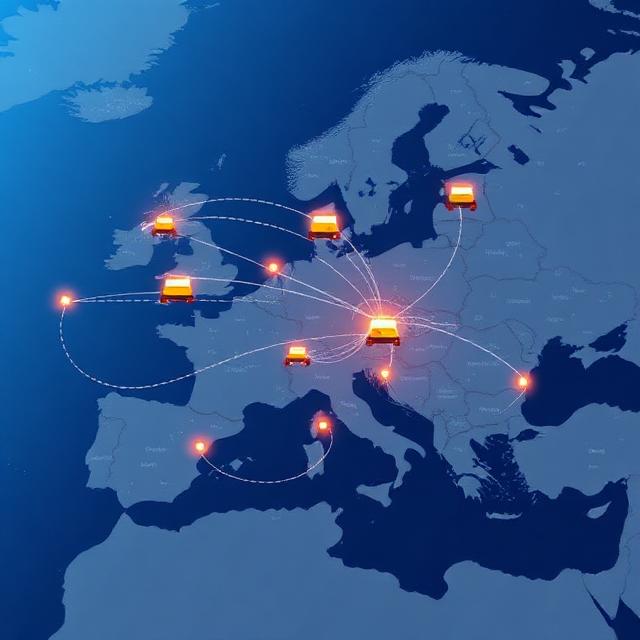 Global supply chain network illustration with multi-hub logistics across Europe