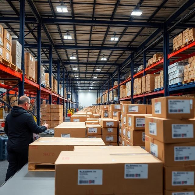 E-commerce products being packaged and labeled in a modern logistics center