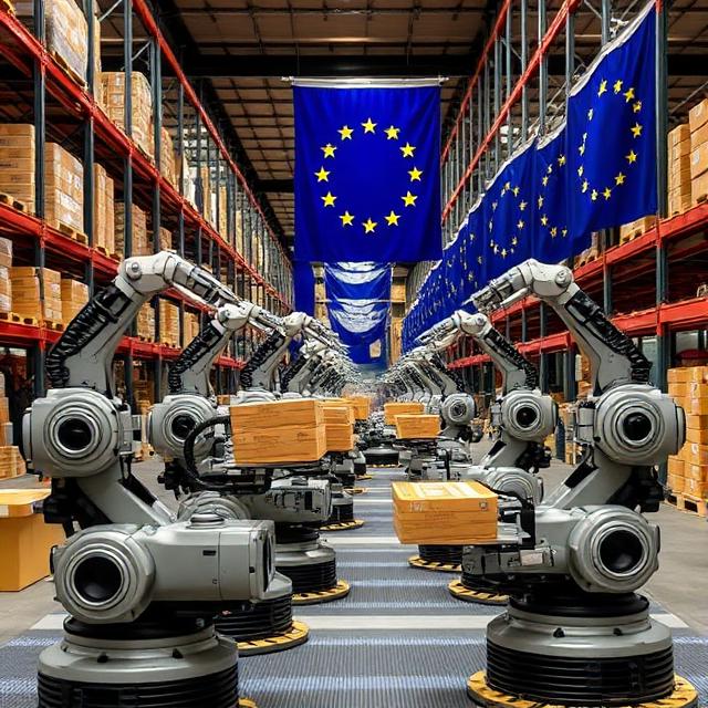 Warehouse robots sorting parcels with European flags in the background