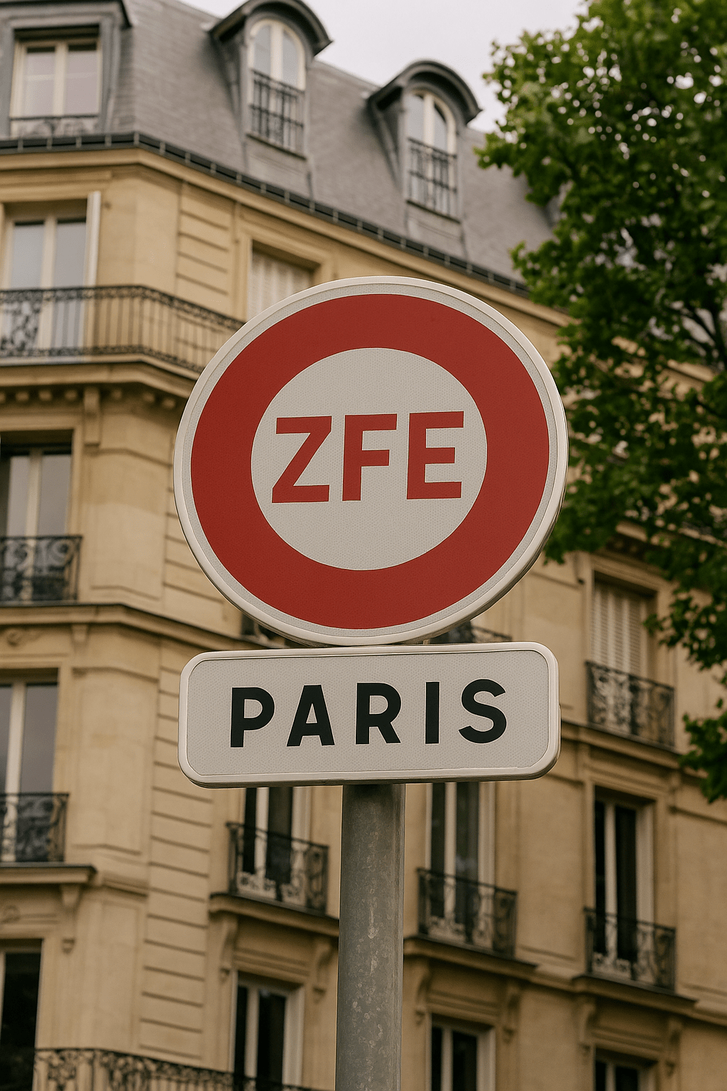 Close-up of a ZFE low-emission zone traffic sign in Paris with Haussmann-style architecture in the background, symbolizing France’s urban logistics transition.