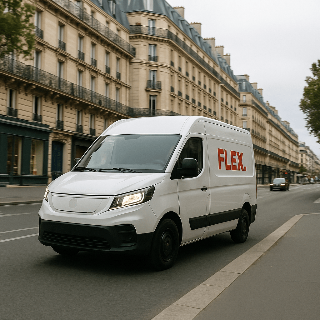 Electric delivery van with FLEX. branding driving through central Paris, representing low-emission logistics under France’s ZFE regulations.