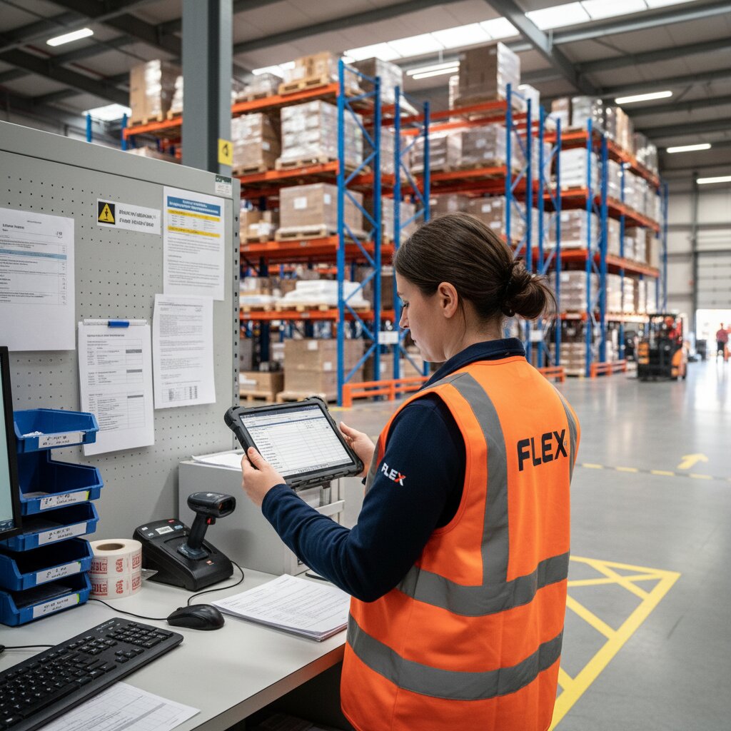 A FLEX. logistics coordinator in an orange branded hi-vis vest checking cross-border carrier billing manifests on a rugged tablet at a clean workstation.