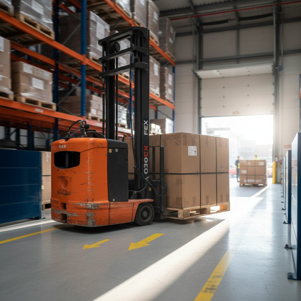 A heavy industrial electronic pallet stacker truck moving a bulk container of consolidated multi-channel e-commerce returns down a main distribution aisle.