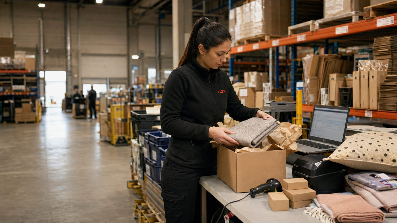 A fulfillment worker packs homeware and apparel items into plain cartons at a warehouse station with a scanner and label printer nearby.