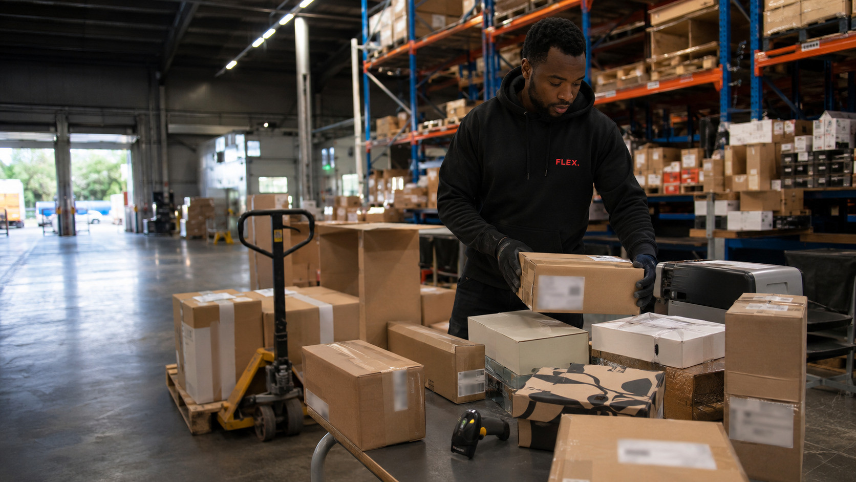 A warehouse operator consolidates mixed marketplace cartons and small parcels on a dispatch table with a pallet trolley and blurred racking behind.