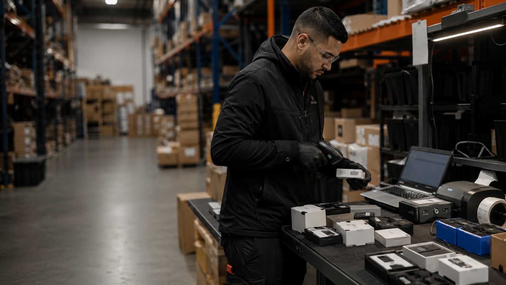 Warehouse worker scanning serial labels on small electronic accessories at an organized fulfillment station.