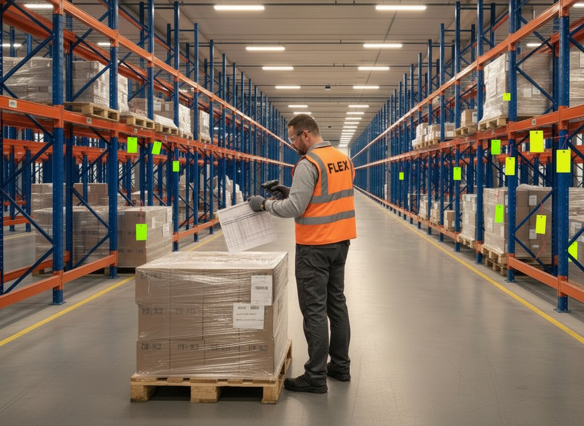 A worker in an orange hi-vis vest branded FLEX scans a barcode on a pallet being reallocated