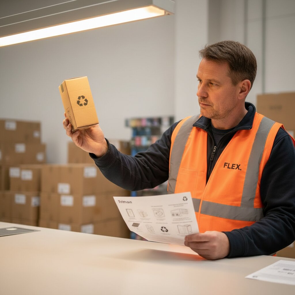 A worker in an orange hi-vis vest branded FLEX. holds a small baby product box up to the light,