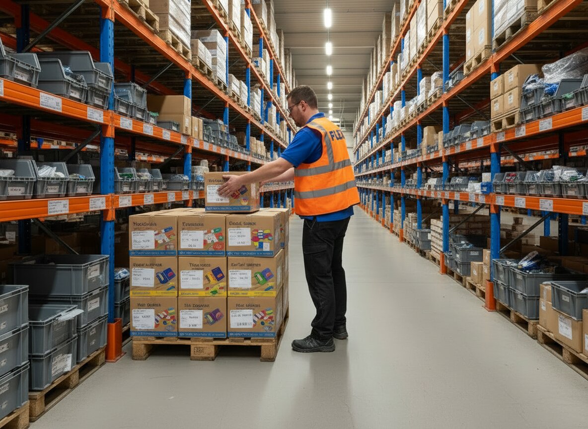 A worker in an orange hi-vis vest branded FLEX. stacks fresh cartons of school supplies onto a pallet under warm-neutral LED light