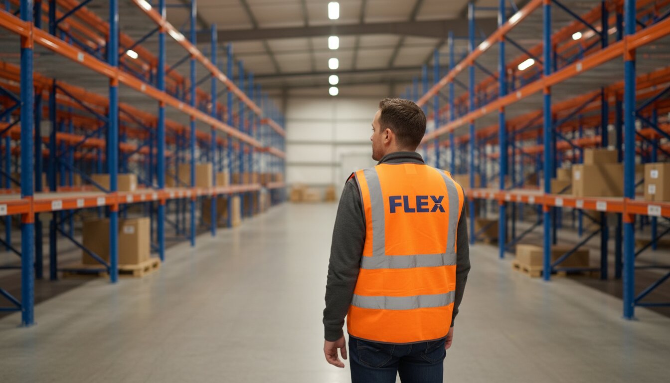 A worker in an orange hi-vis vest branded FLEX. stands alone in a noticeably quieter warehouse aisle under warm-neutral LED light