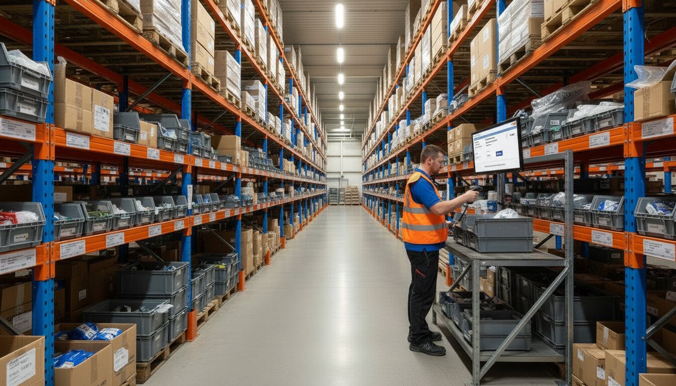 A worker in an orange hi-vis vest scans a barcode at a picking station