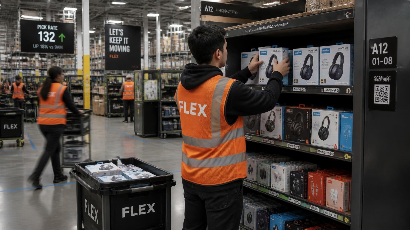 A worker slowly restocks a shelf that had been running low, the pace of the floor around him picking back up.