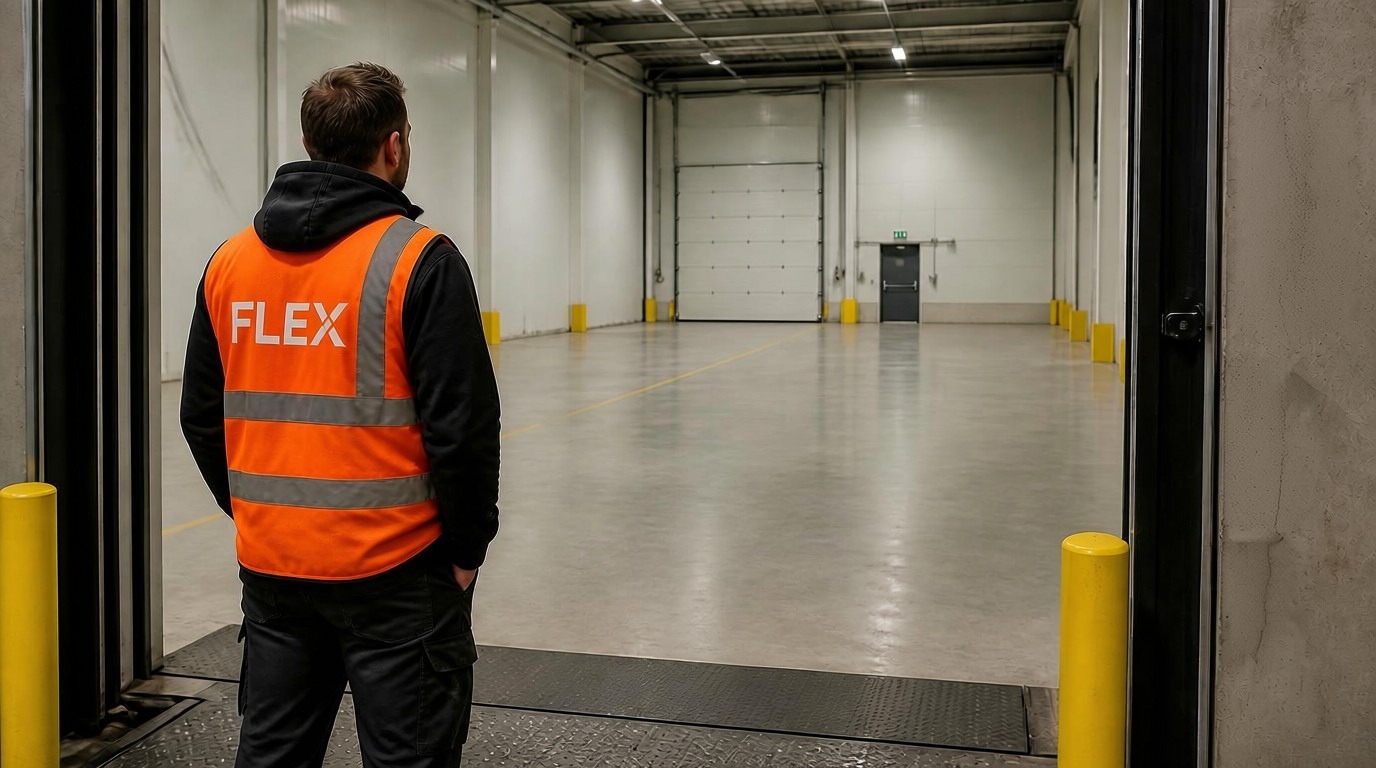 A worker steps back from a nearly cleared loading bay, checking the empty space with quiet relief before locking up for the weekend.