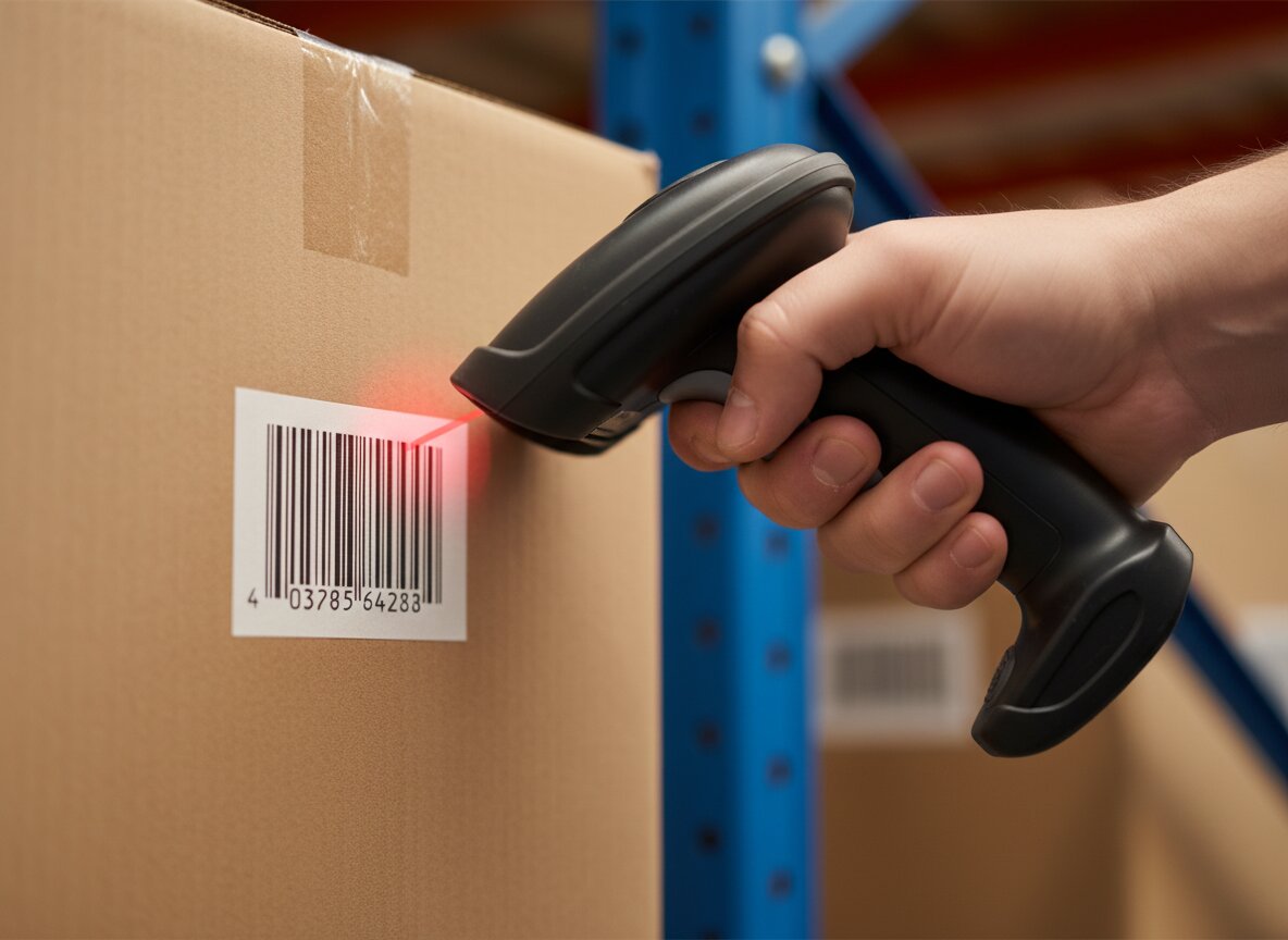 Close-up of a hand scanning a barcode on a children's backpack box, warm kraft-brown cardboard visible beneath