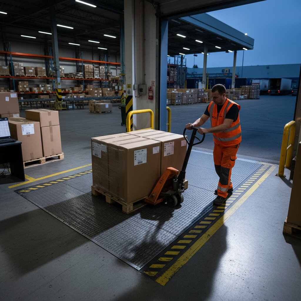 FLEX. worker in an orange hi-vis vest guides a hand pallet jack loaded with cardboard cartons across a dock leveler toward a staging area near the border hub