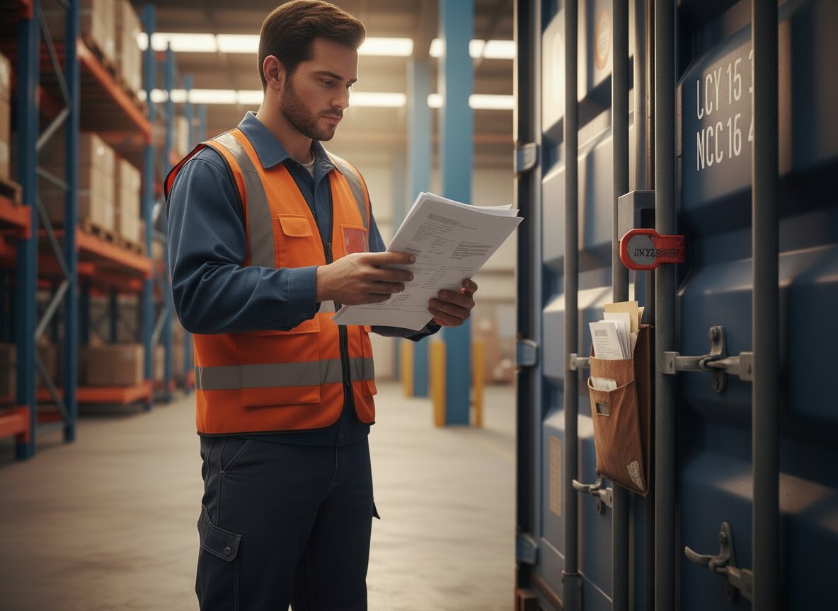 Medium close-up of a worker in an orange hi-vis vest inspecting a container's paperwork pouch at the port gate