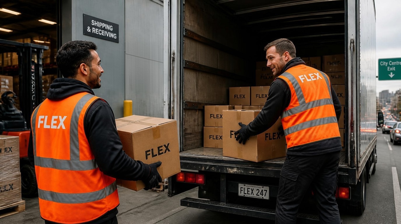 Two colleagues load a truck quickly, exchanging a few words about getting it out before the weekend traffic builds.