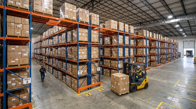 Wide shot of a warehouse buffer storage area with pallets of boxed inventory staged on orange steel racking and blue uprights.