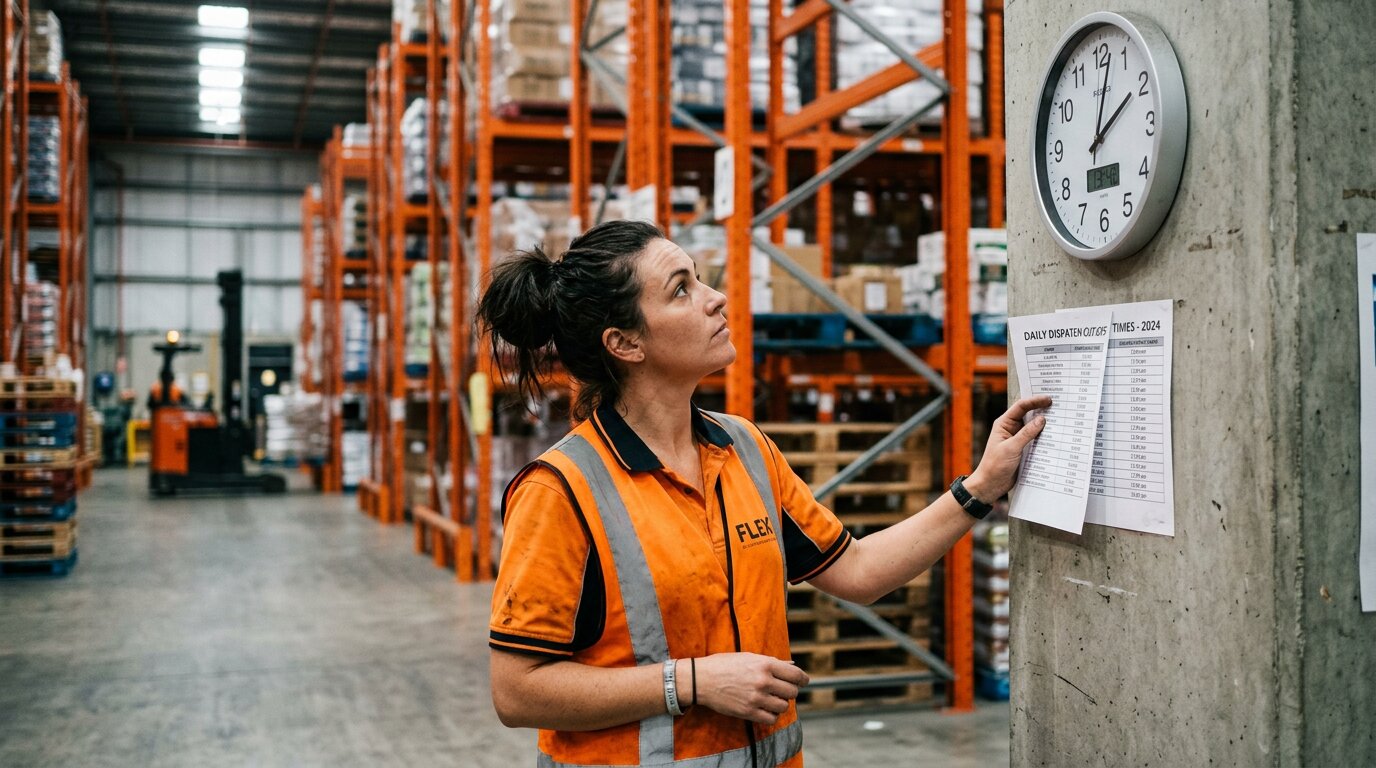 A warehouse worker in an orange hi-vis vest checks a wall clock against a printed dispatch cut-off schedule, orange steel racking rising softly out of focus behind