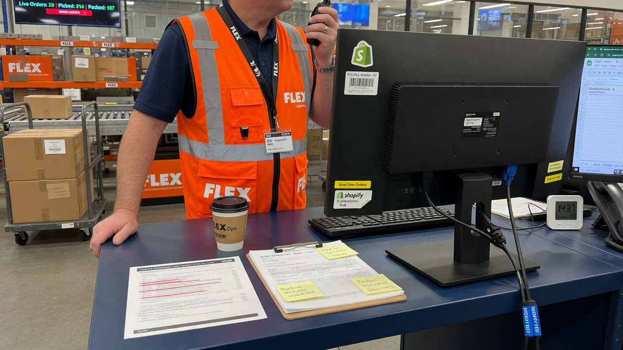 E-commerce logistics supervisor in an orang vest branded FLEX reviewing real-time Shopify fulfillment orders on a desktop monitor with navy blue desk frames.