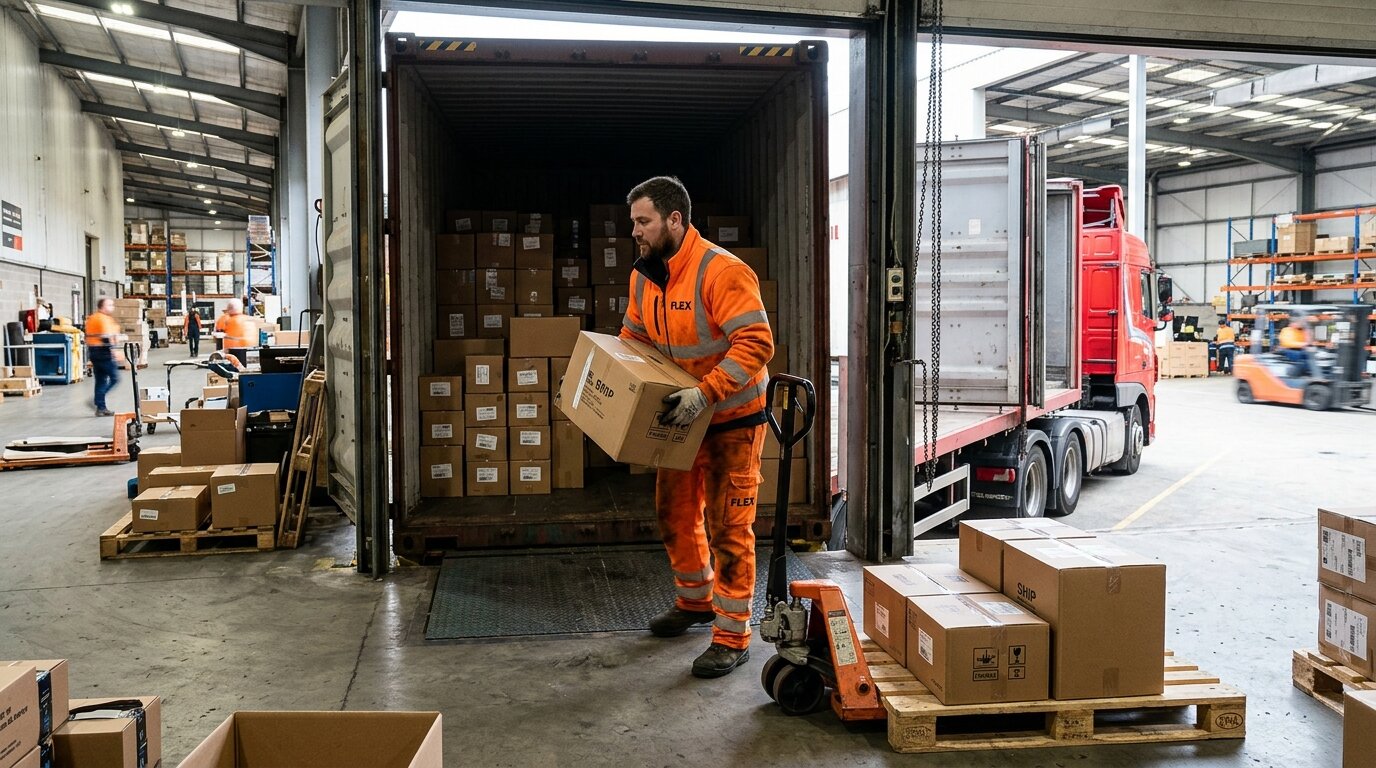 Employee in orange branded workwear unloading cartons from a freshly arrived container at an open dock door