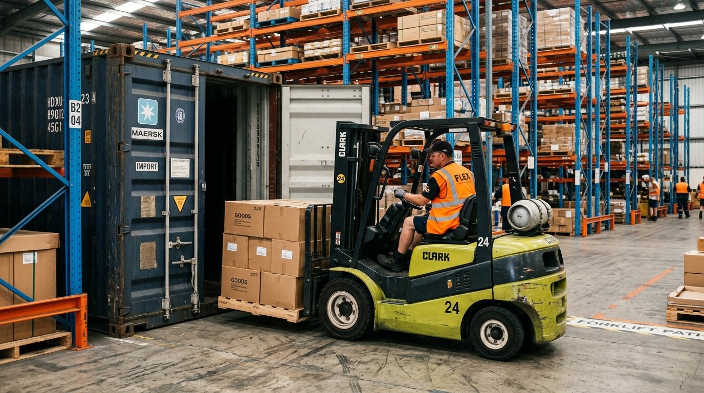 Forklift operator unloading a deep-sea import container near tall orange racking with blue upright columns
