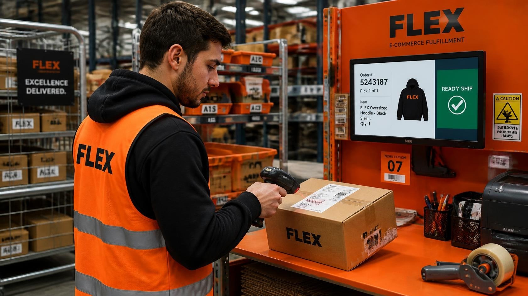 Warehouse operator in an orange vest branded FLEX processing e-commerce orders using a handheld scanner at an industrial orange packing station